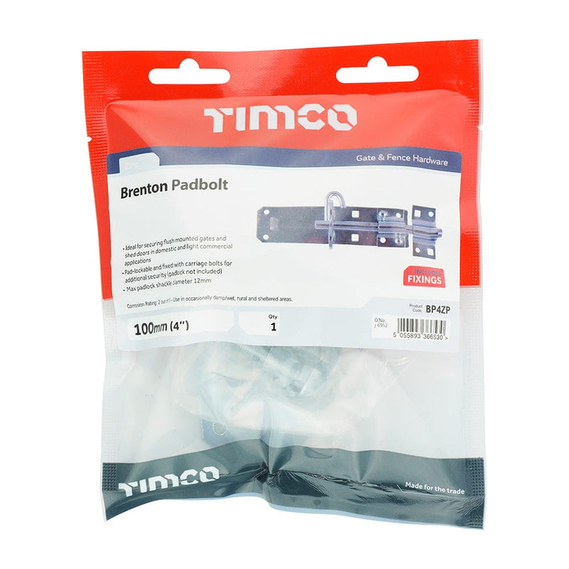 TIMCO Security & Ironmongery 4" / TIMbag TIMCO Brenton Padbolt Silver