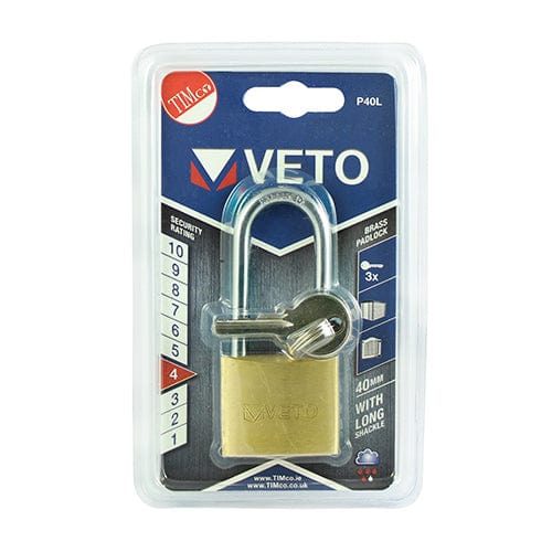 Timco Brass Long Shackle Padlock - 40mm
