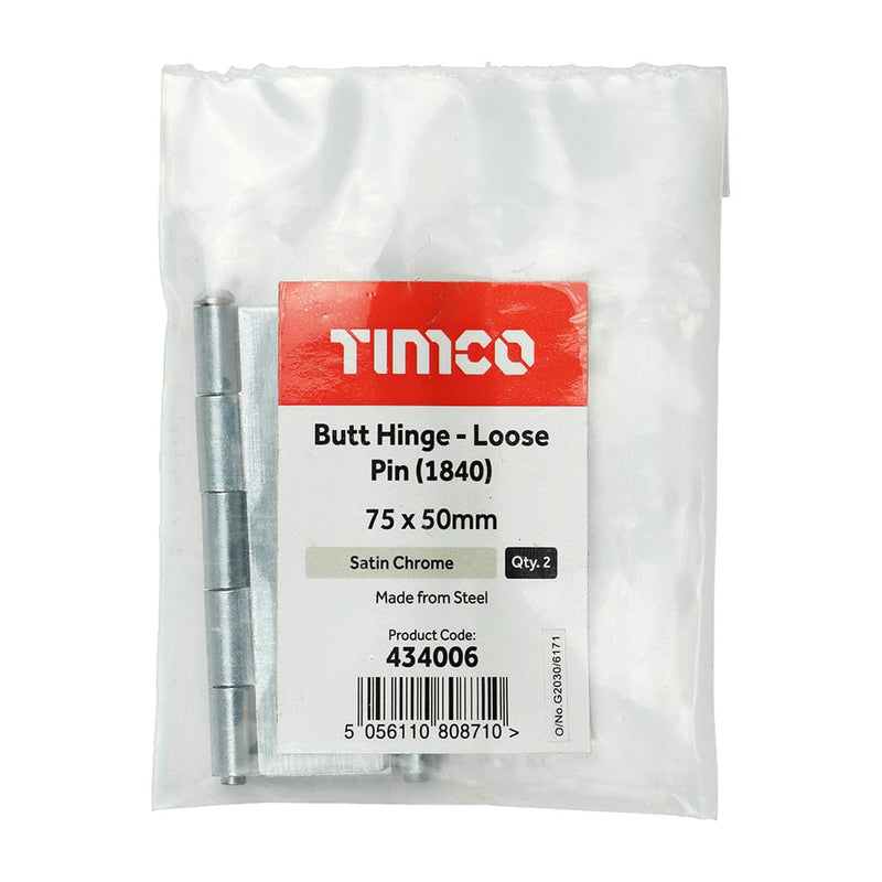 TIMCO Security & Ironmongery 75 x 50 TIMCO Butt Hinges Loose Pin (1840) Steel Satin Chrome