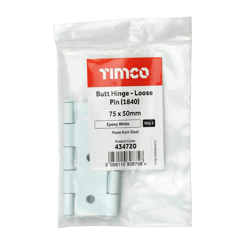 TIMCO Security & Ironmongery 75 x 50 TIMCO Butt Hinges Loose Pin (1840) Steel White
