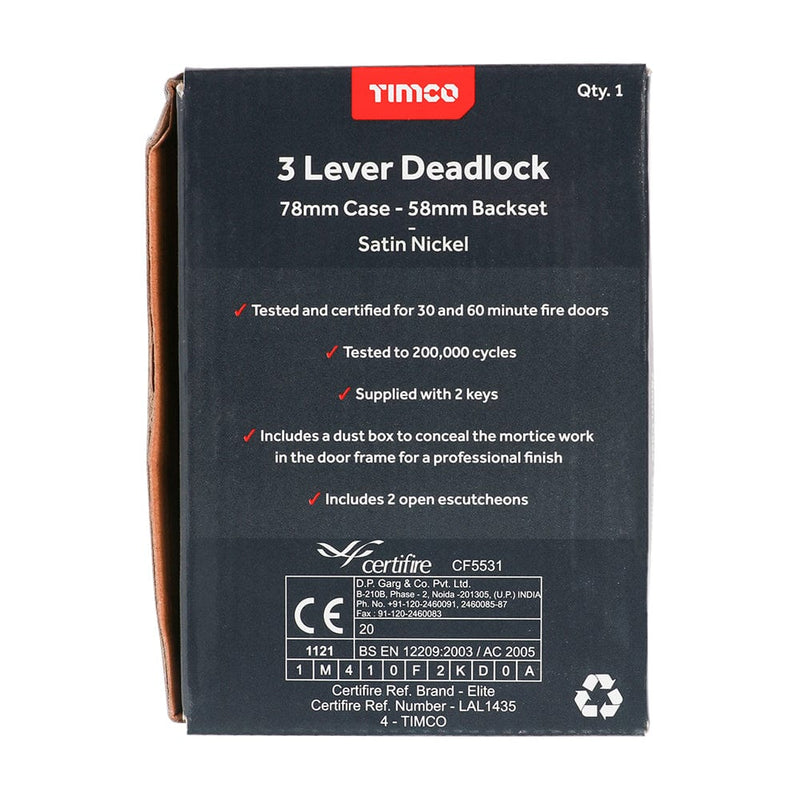 TIMCO Security & Ironmongery TIMCO 3 Lever Deadlock Satin Nickel
