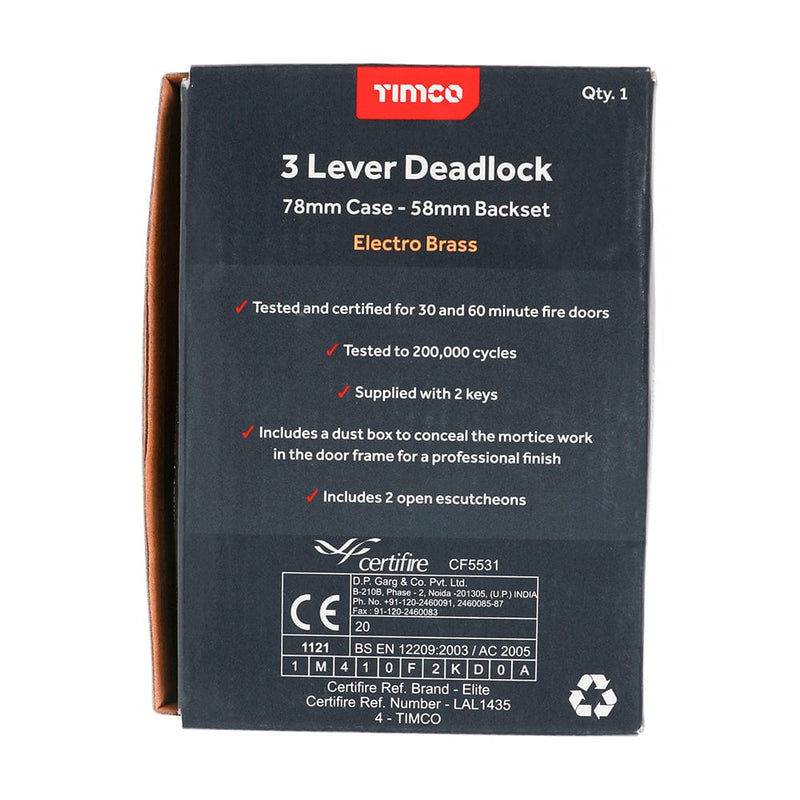 TIMCO Security & Ironmongery TIMCO 3 Lever Electro Brass Mortice Deadlock