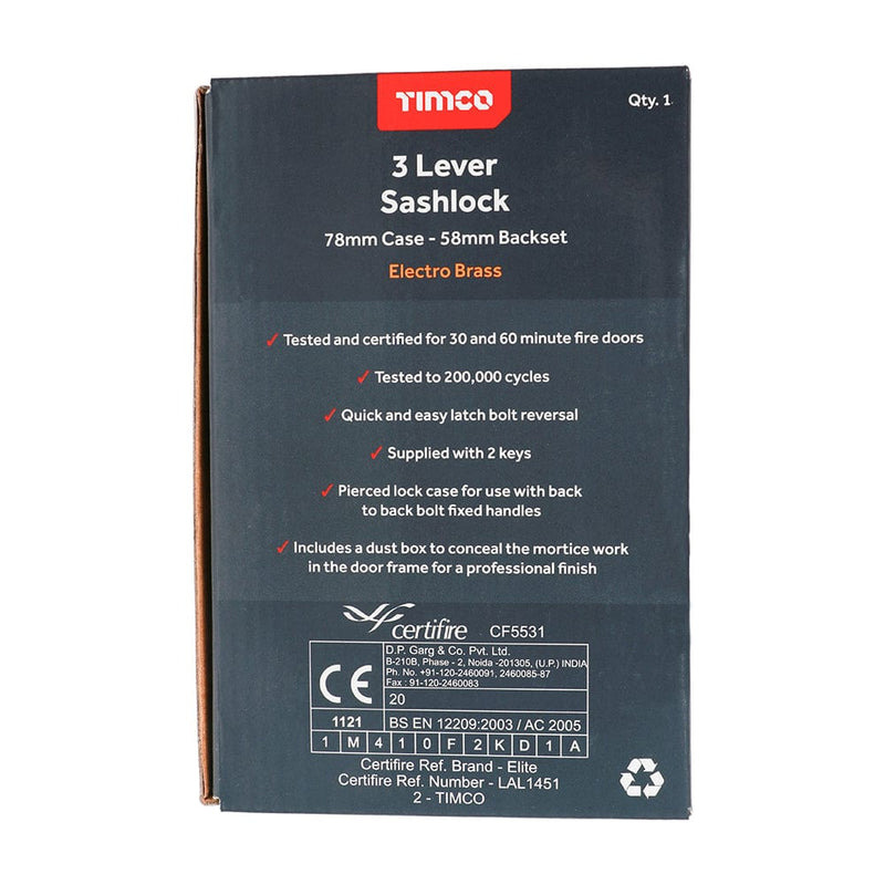 TIMCO Security & Ironmongery TIMCO 3 Lever Electro Brass Mortice Sashlock