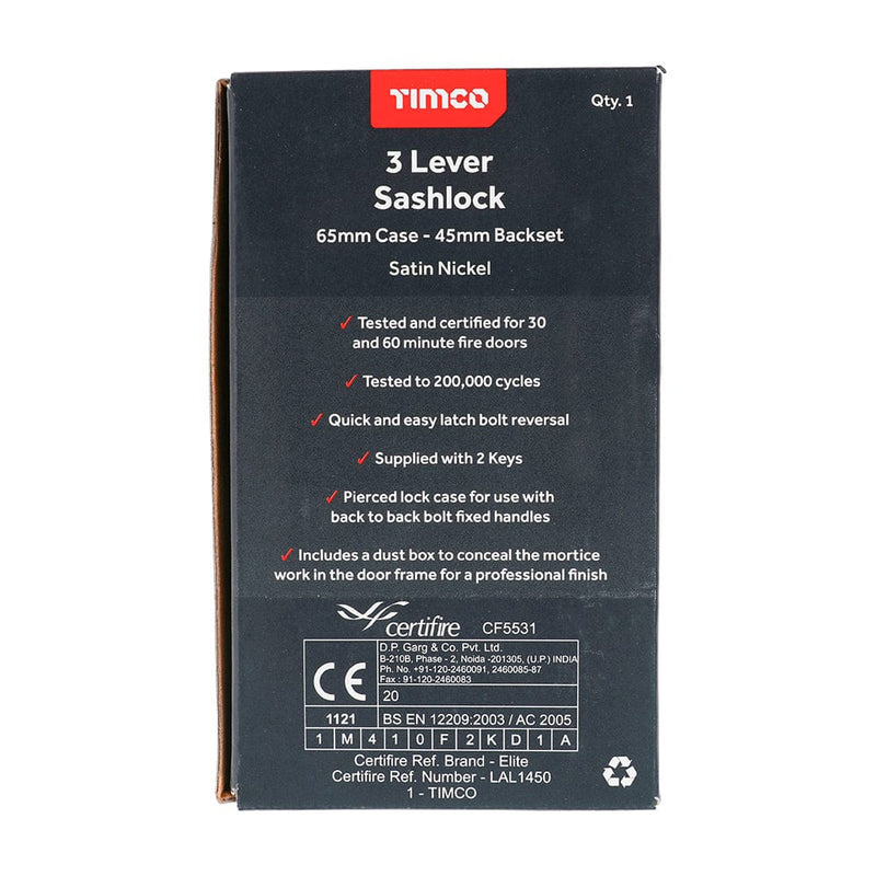 TIMCO Security & Ironmongery TIMCO 3 Lever Sashlock - Satin Nickel