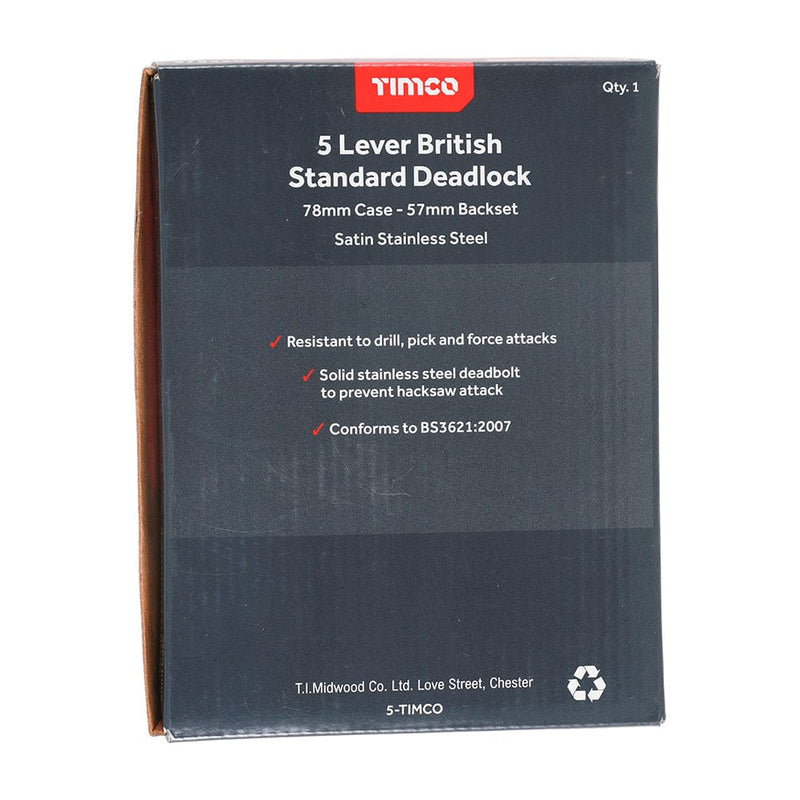 TIMCO Security & Ironmongery TIMCO 5 Lever British Standard Deadlock Stainless Steel Satin