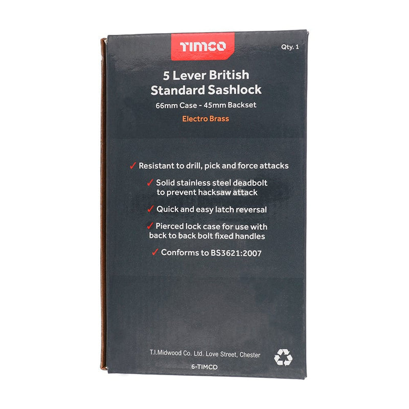 TIMCO Security & Ironmongery TIMCO 5 Lever British Standard Sashlock Electro Brass