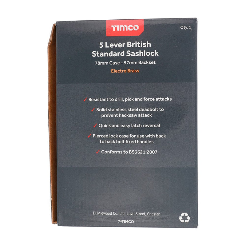 TIMCO Security & Ironmongery TIMCO 5 Lever British Standard Sashlock Electro Brass