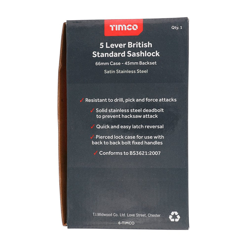 TIMCO Security & Ironmongery TIMCO 5 Lever British Standard Sashlock Stainless Steel Satin