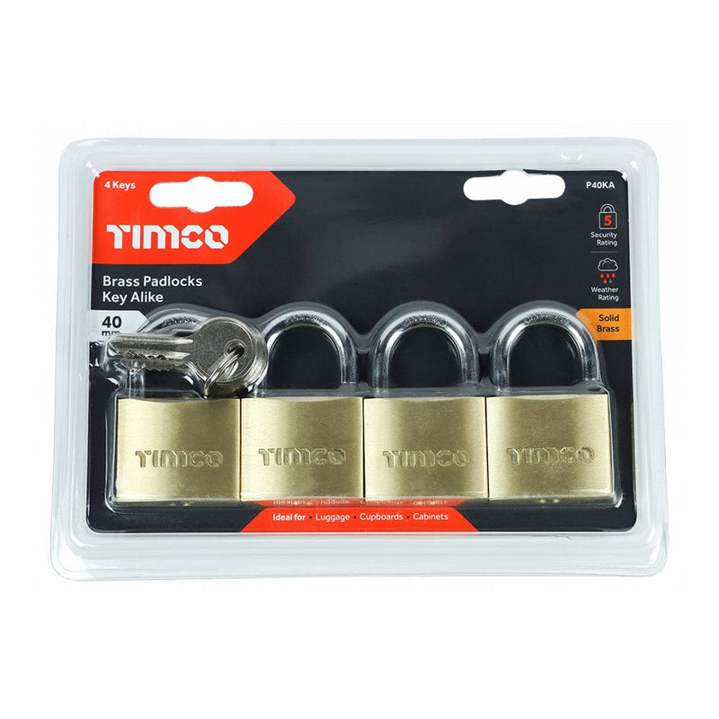 TIMCO Security & Ironmongery TIMCO Brass Padlocks Key Alike - 40mm