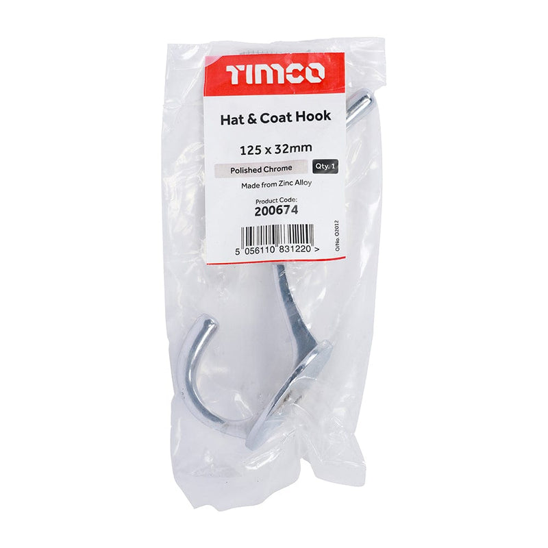 TIMCO Security & Ironmongery TIMCO Hat & Coat Hook Polished Chrome - 125 x 32mm