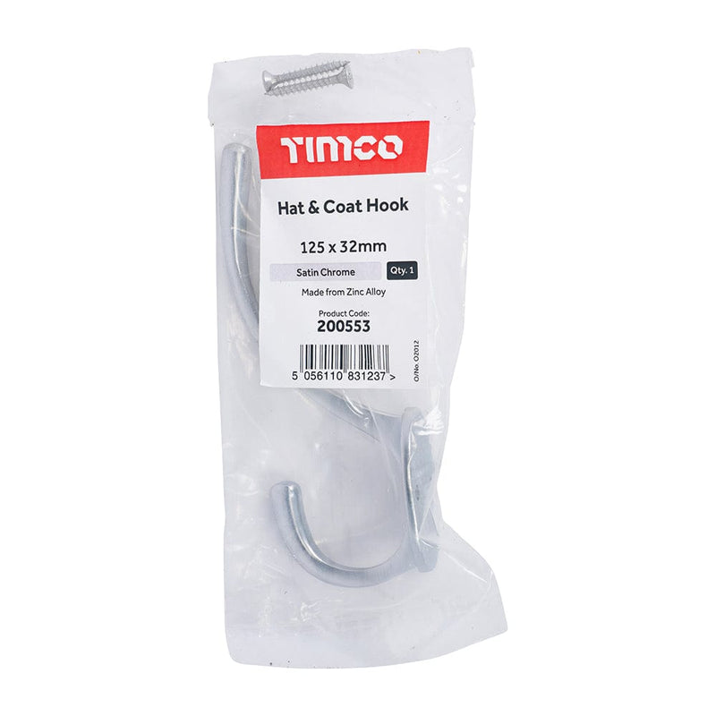 TIMCO Security & Ironmongery TIMCO Hat & Coat Hook Satin Chrome - 125 x 32mm