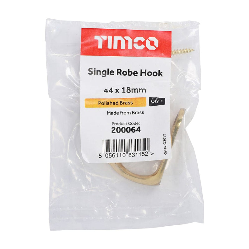 TIMCO Security & Ironmongery TIMCO Single Robe Hook Polished Brass - 44 x 18mm