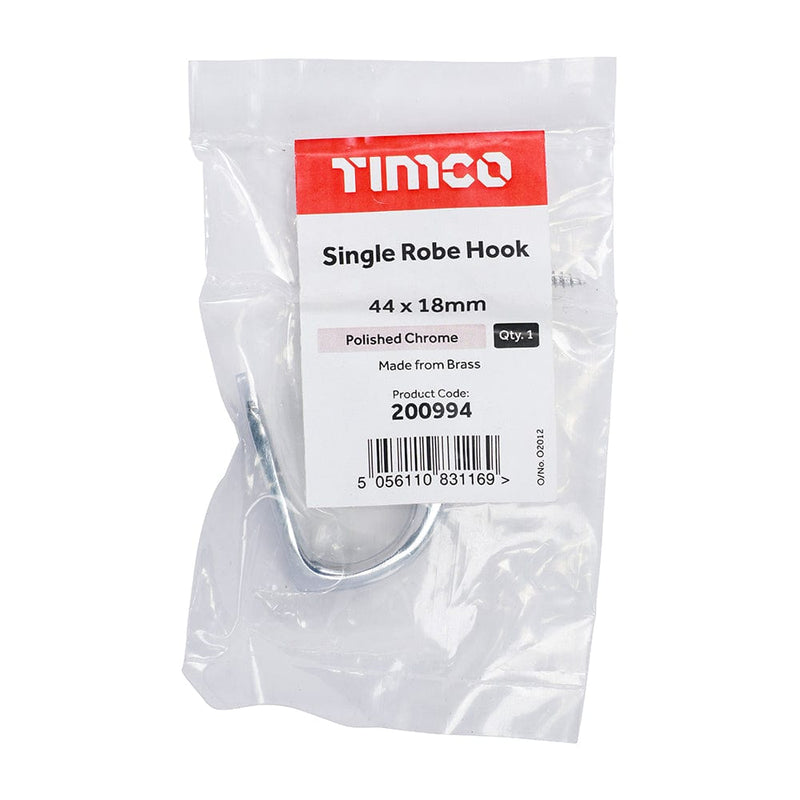 TIMCO Security & Ironmongery TIMCO Single Robe Hook Polished Chrome - 44 x 18mm