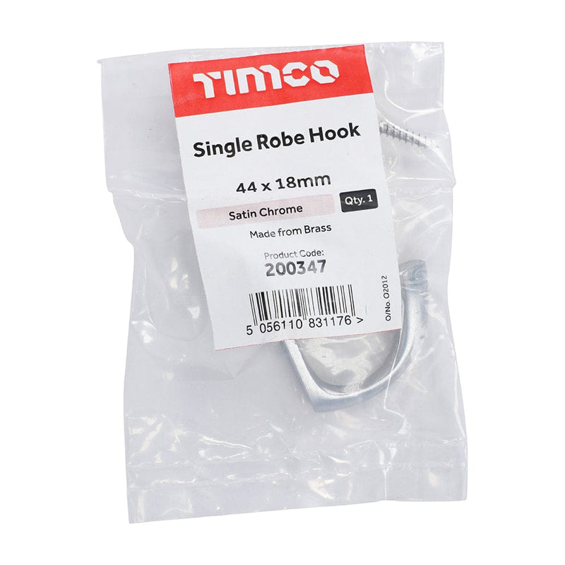 TIMCO Security & Ironmongery TIMCO Single Robe Hook Satin Chrome - 44 x 18mm